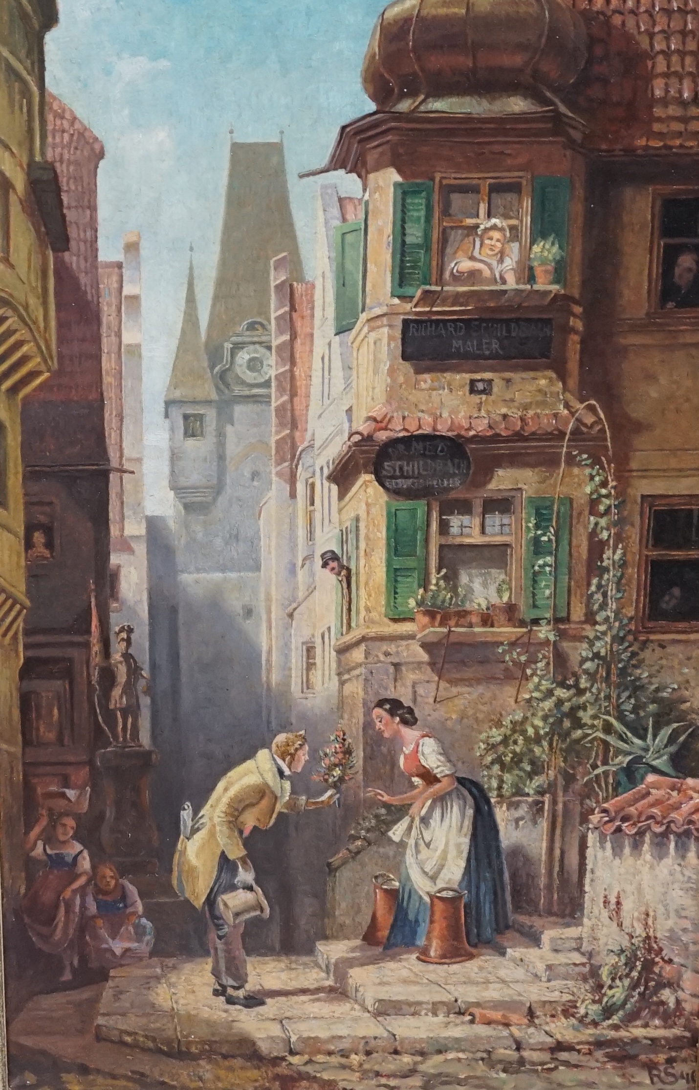 R. Syer, oil on board, Continental street scene with figures, signed, 39 x 24cm. Condition - good